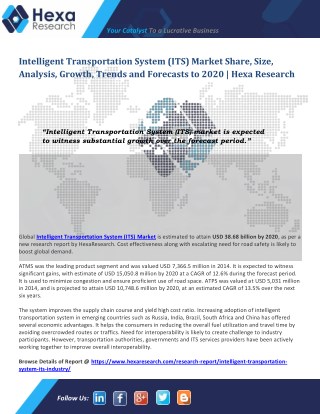 Intelligent Transportation System (ITS) Market is Expected to Witness Rapid Growth till 2020