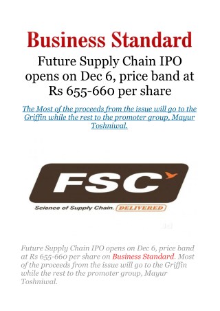 Future Supply Chain IPO opens on Dec 6, price band at Rs 655-660 per share