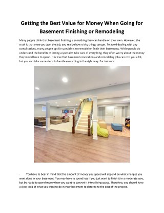 Getting the Best Value for Money When Going for Basement Finishing or Remodeling