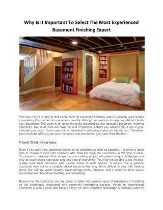 Why Is It Important To Select The Most Experienced Basement Finishing Expert?