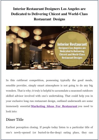 Interior Restaurant Designers Los Angeles are Dedicated to Delivering Chicest and World-Class Restaurant Designs