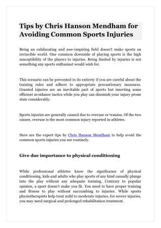 Tips by Chris Hanson Mendham for Avoiding Common Sports Injuries