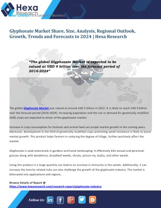 Global Glyphosate Industry Research Report - Market Analysis and Forecast to 2024