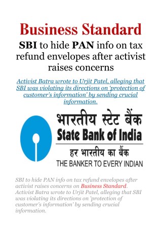 SBI to hide PAN info on tax refund envelopes after activist raises concerns