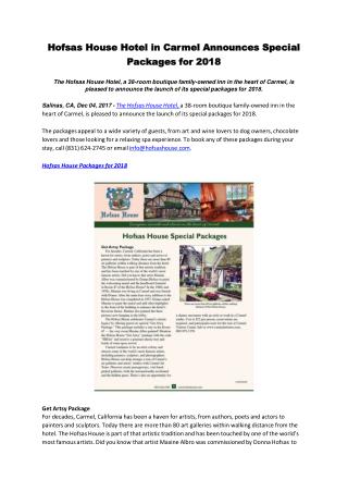 Hofsas House Hotel in Carmel Announces Special Packages for 2018