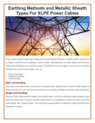 Earthing Methods and Metallic Sheath Types For XLPE Power Cables