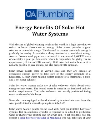 Energy Benefits of Solar Hot Water Systems