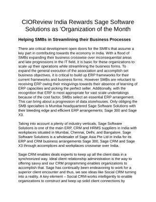 CIOReview India Rewards Sage Software Solutions as 'Organization of the Month