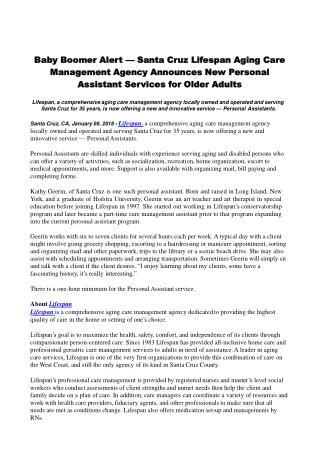 Baby Boomer Alert â€” Santa Cruz Lifespan Aging Care Management Agency Announces New Personal Assistant Services for Old