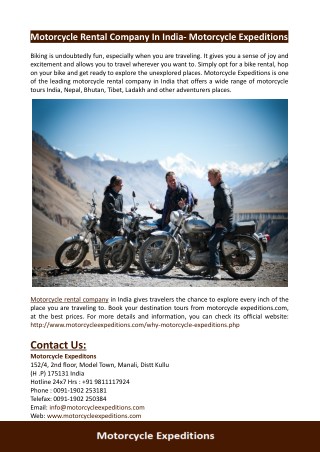 Motorcycle Rental Company In India- Motorcycle Expeditions