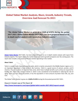Global Tahini Industry Analysis And Segment Forecast 2017-2021
