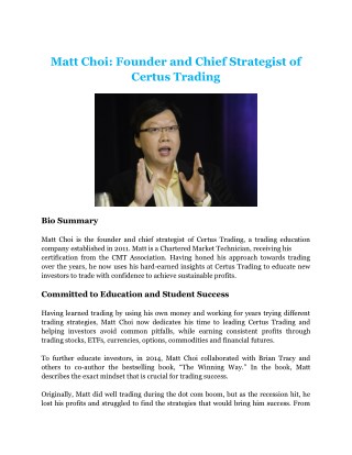 Bio of Matt Choi,Certus Trading