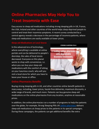 Online Pharmacies May Help You to Treat Insomnia with Ease