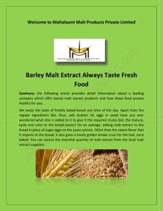 Barley malt powder, malt based food