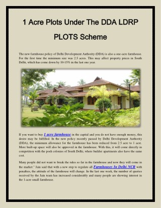 1 Acre Plots Under the DDA LDRP PLOTS Scheme