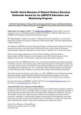 Pacific Grove Museum of Natural History Receives Statewide Award for its LiMPETS Education and Monitoring Program