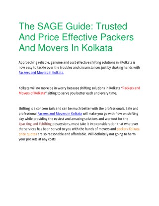 The SAGE Guide: Trusted And Price Effective Packers And Movers In Kolkata