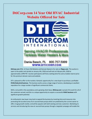 DtiCorp.com 14 Year Old HVAC Industrial Website Offered for Sale