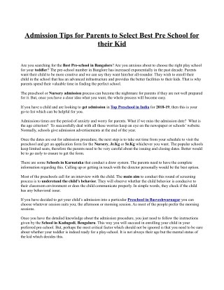 Admission Tips for Parents to Select Best Pre School for their Kid