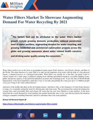 Water Filters Market To Showcase Augmenting Demand For Water Recycling By 2021