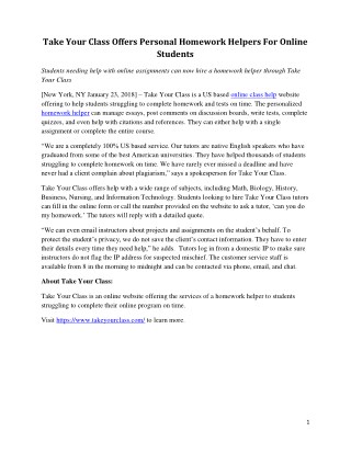 Take Your Class Offers Personal Homework Helpers For Online Students