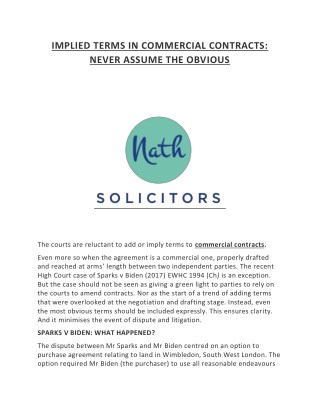 IMPLIED TERMS IN COMMERCIAL CONTRACTS: NEVER ASSUME THE OBVIOUS