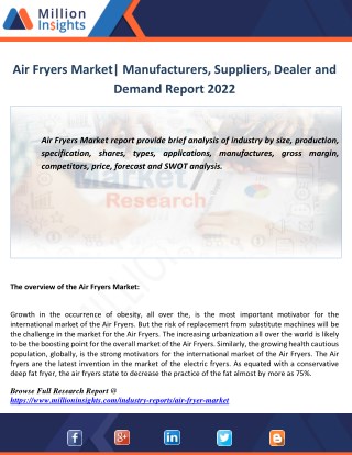 Air Fryers Market|Manufacturers ,Suppliers,Dealers and Demand Report 2022