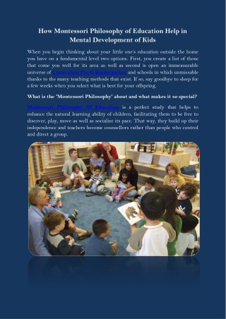 How Montessori Philosophy of Education Help in Mental Development of Kids