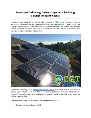 EvenGreen Technology Delivers Superior Solar Energy Solutions to Idaho Clients