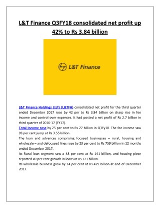 L&T Finance Q3FY18 consolidated net profit up 42% to Rs 3.84 billion | Business Standard News