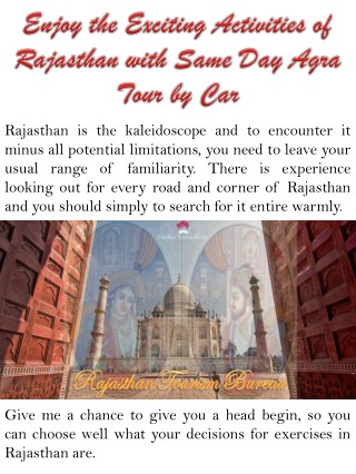 Enjoy the Exciting Activities of Rajasthan with Same Day Agra Tour by Car