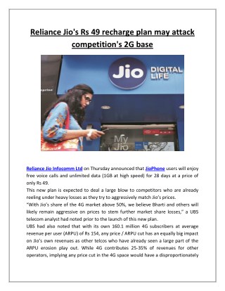 Reliance Jio's Rs 49 Recharge Plan May Attack Competition's 2G Base