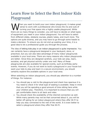 Learn How to Select the Best Indoor Kids Playground