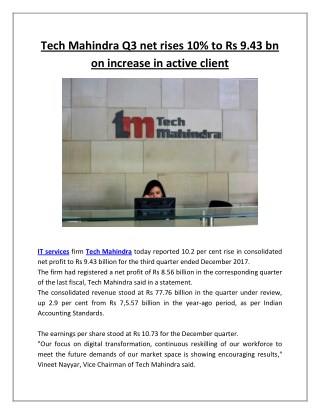 Tech Mahindra Q3 net rises 10% to Rs 9.43 bn on increase in active client | Business Standard News