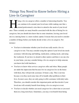 Things You Need to Know before Hiring a Live-In Caregiver