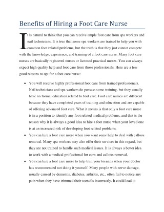 Benefits of Hiring a Foot Care Nurse