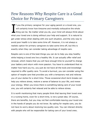 Few Reasons Why Respite Care is a Good Choice for Primary Caregivers