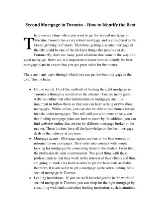 Second Mortgage in Toronto â€“ How to Identify the Best