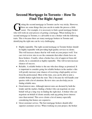 Second Mortgage In Toronto â€“ How To Find The Right Agent
