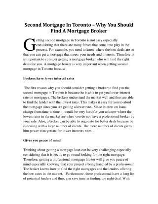 Second Mortgage In Toronto â€“ Why You Should Find A Mortgage Broker