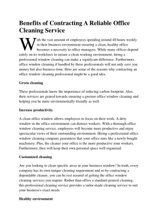 Benefits of Contracting A Reliable Office Cleaning Service