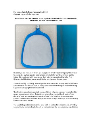 SHARKBLU, THE SWIMMING POOL EQUIPMENT COMPANY, RELEASES POOL SKIMMER PRODUCT ON AMAZON.COM