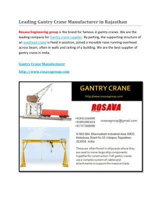 Leading Gantry Crane Manufacturer in Rajasthan