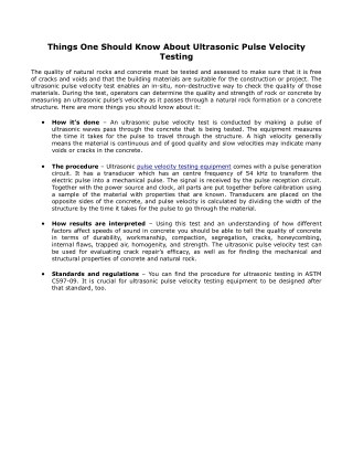 Things One Should Know About Ultrasonic Pulse Velocity Testing