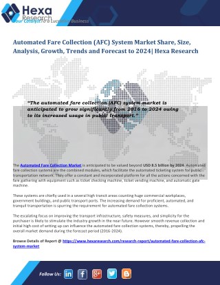 Automated Fare Collection (AFC) Market is Likely to Grow Significantly by 2024