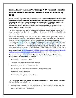 Global Interventional Cardiology & Peripheral Vascular Devices Market Share will Increase US$ 25 Billion By 2022