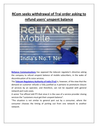 Rcom seeks withdrawal of trai order asking to refund users' unspent balance