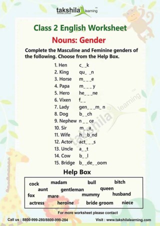 Download Worksheets for Class 2 English- Nouns:Gender-Takshilalearning