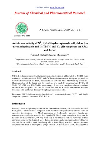 Anti-tumor activity of N4[(E)-1-(2-hydroxyphenyl)methylidene]iso-nicotinohydrazide and Its Ti (IV) and Cu (II) complexes