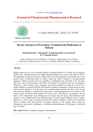 Recent Advances in Prevention, Treatment and Medication of Malaria